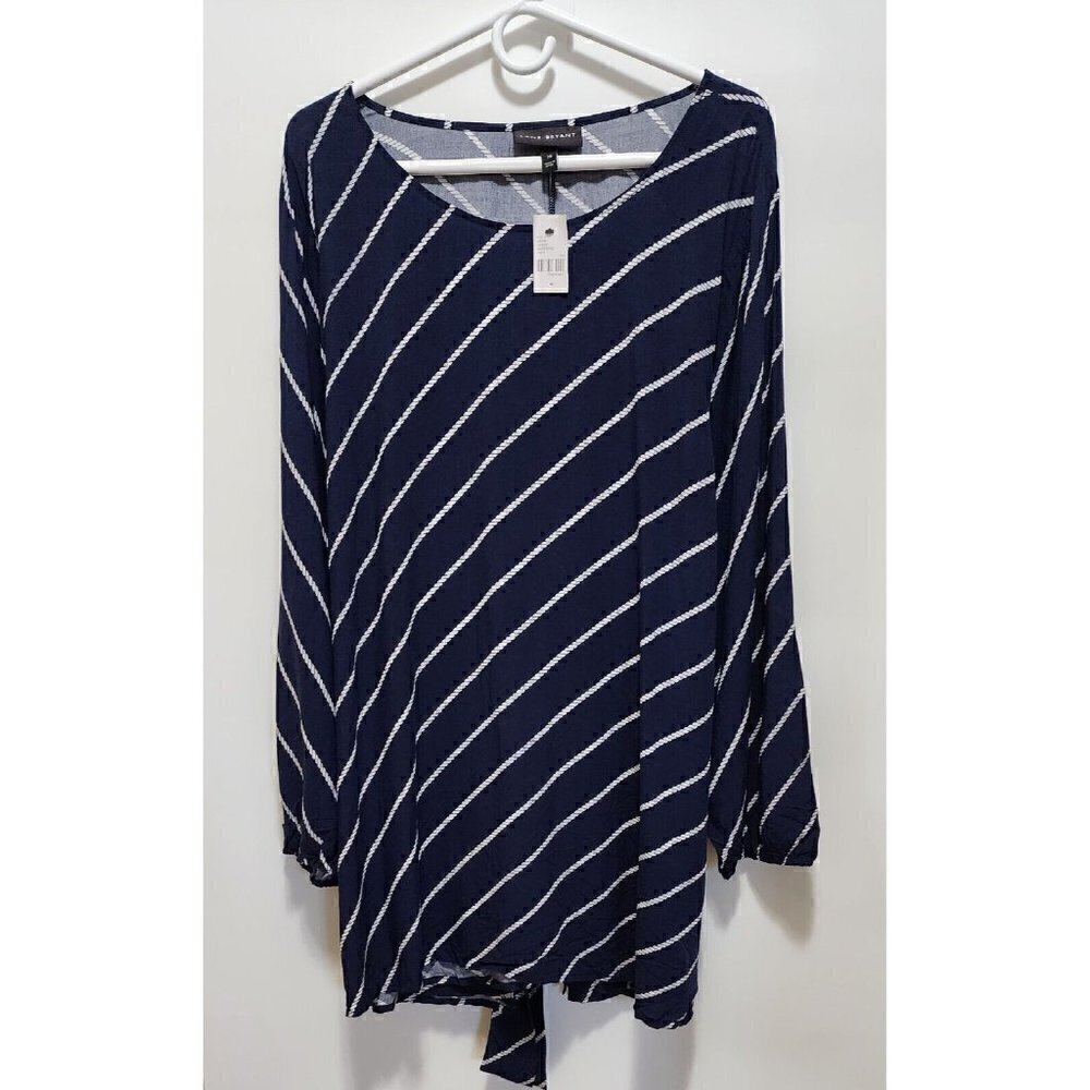 LANE Bryant Womens Blue White Striped Boat Neck Long Sleeve Blouse Size 28